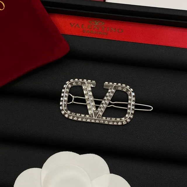 Valentino VLTN Silver Gold Crystal-Encrusted Logo Brooch