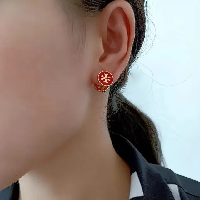 Tory Burch Mini Logo Stud Red Gold Circular Enamel Face Earrings