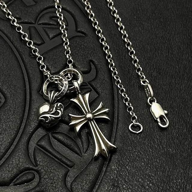 Chrome Hearts Cross and Heart Charm Silver Necklace