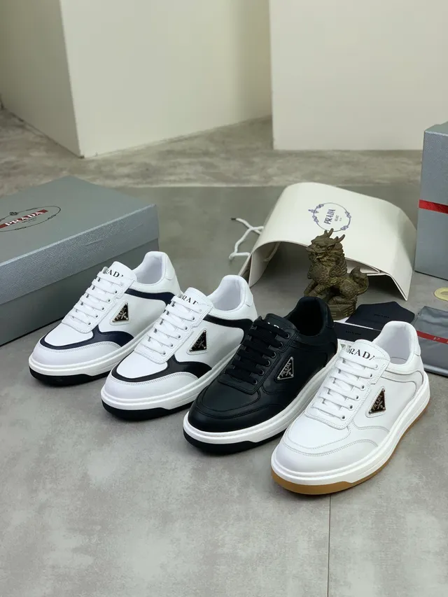 Prada White Navy Triangular Metal Logo Plaque Thick Layered Sole Lifestyle Sneakers