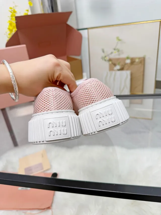 Miu Miu Platform Sneaker Pink White Mesh Upper Ridged Sole Lifestyle Sneakers