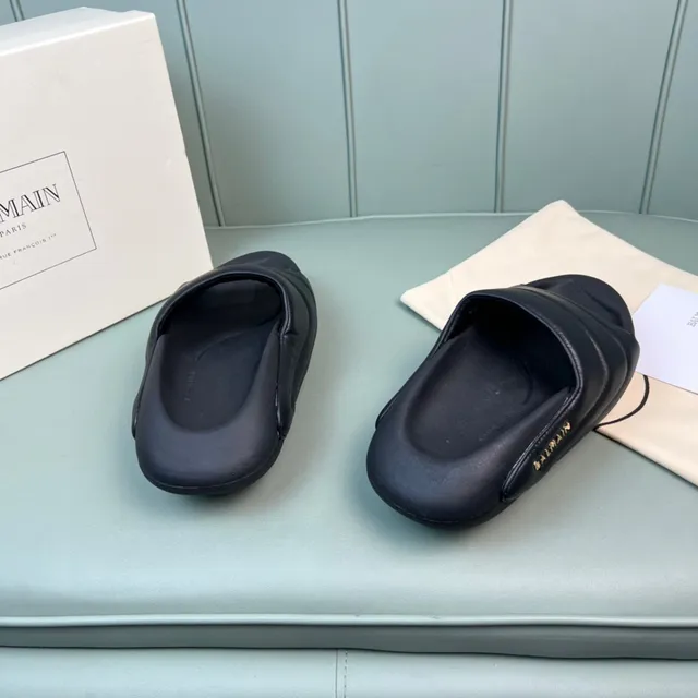 Balmain B-Court Black Gold Padded Strap Molded Sole Slippers