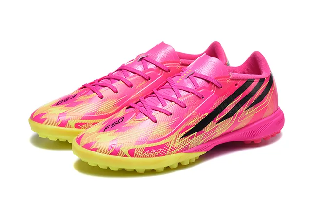 Adidas Pink Yellow Low-Profile Synthetic Upper Asymmetrical Lacing Artificial-Grass Soccer Shoes
