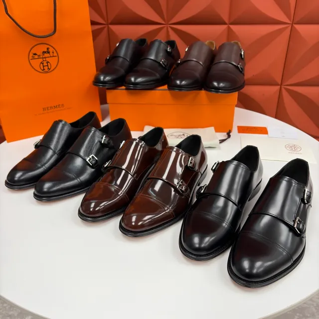 Hermès Double Monk Strap Cap Toe Brown Leather Monk Shoes