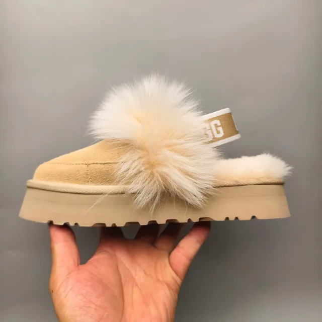 UGG Tasman Beige White Platform Sole Pom-Pom Fur Trim Casual Shoes
