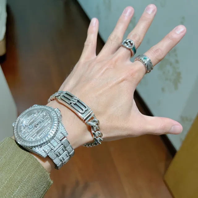 Balenciaga Silver Blue Chunky Curb-Link Chain Rectangular B-Buckle Clasp Bracelet