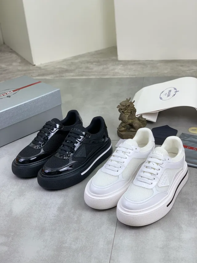 Prada Cloudbust Black Patent and Mesh Chunky Sneakers