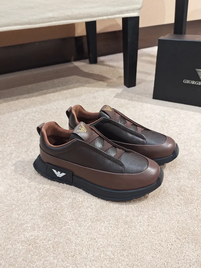 Emporio Armani Brown Black Slip-On Construction Pebbled And Smooth Leather Contrast Sneakers