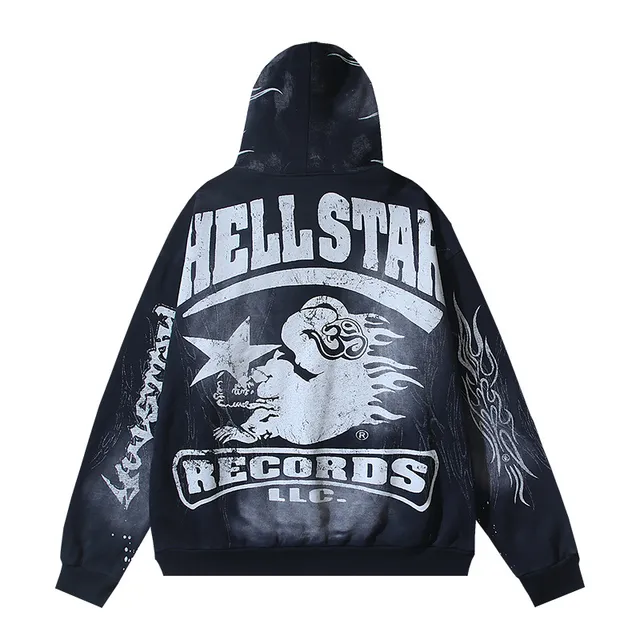Hellstar Records LLC Graphic Print Distressed Flame Motif Hoodie