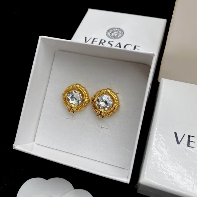 Versace Medusa Stud Gold Transparent Ribbed Bezel Faceted Crystal Center Earrings