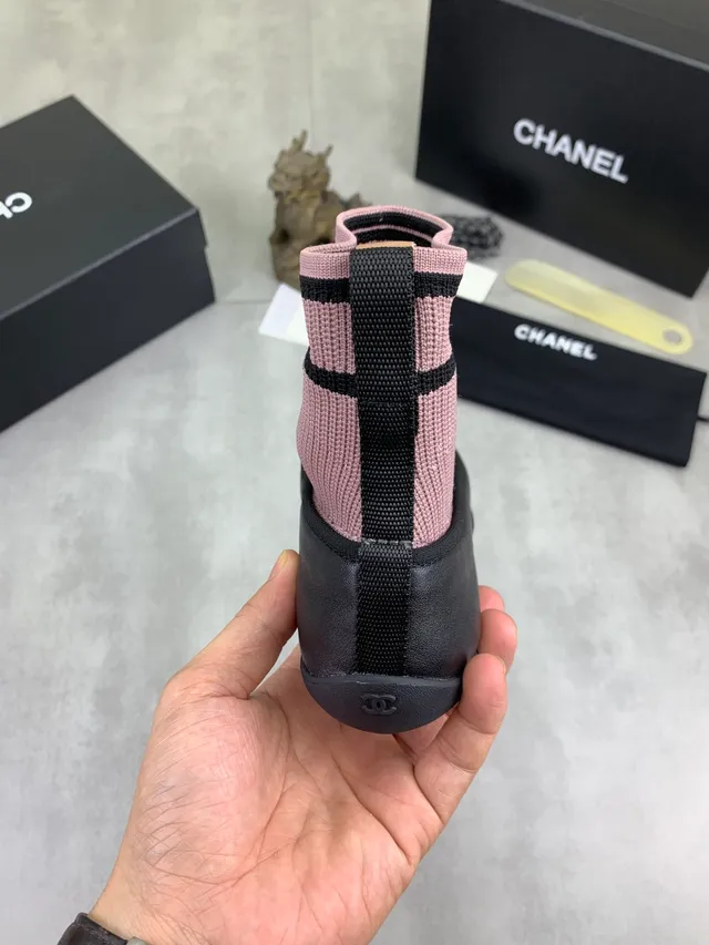 Chanel Black Pink Sock-Fit Knit Upper Leather Toe Cap Ballet Flat