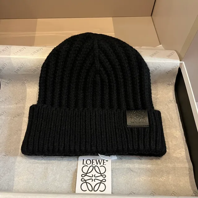 Loewe Anagram Patch Ribbed Knit Black Beanie