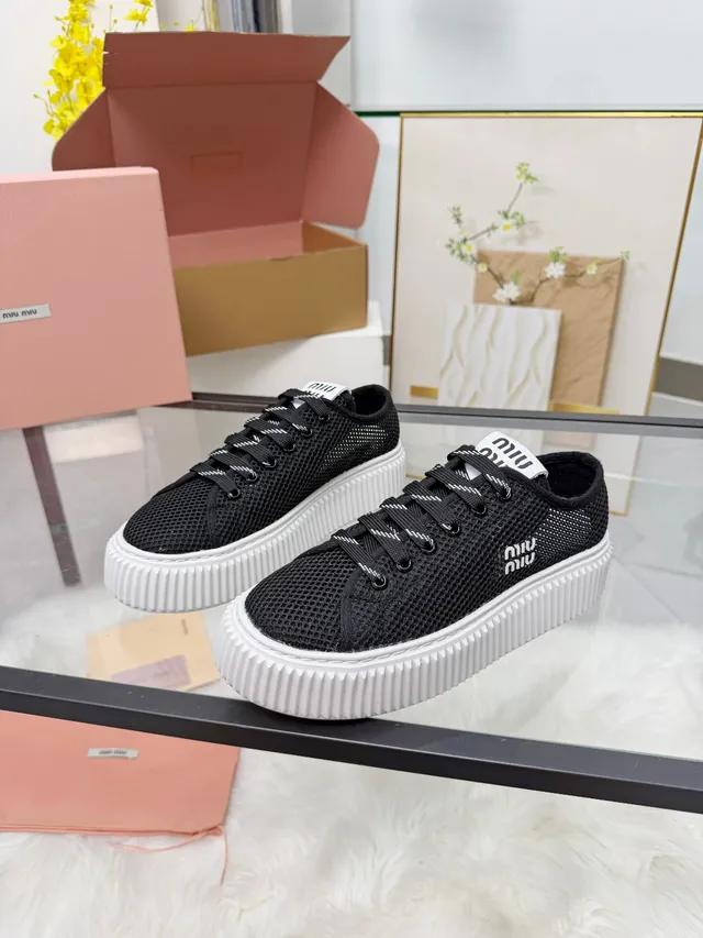 Miu Miu Wander Black White Mesh Upper Ridged Platform Sole Chunky Sneakers