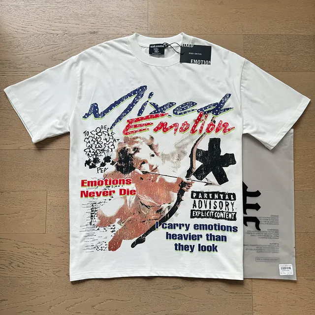 Mixed Emotion White Multicolor Graphic-Print Distressed Typography T-Shirt