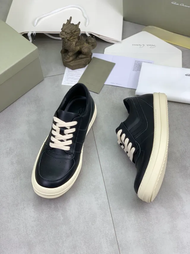 Rick Owens Black Beige Leather Off-White Platform Sole Sneakers