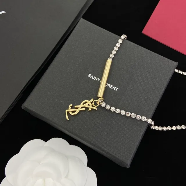 Saint Laurent Silver Gold Crystal-Encrusted Chain YSL Monogram Pendant Necklace