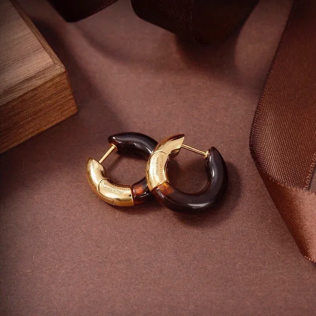 Bottega Veneta C-Shaped Hoop Brown Green Resin Inlay Earrings