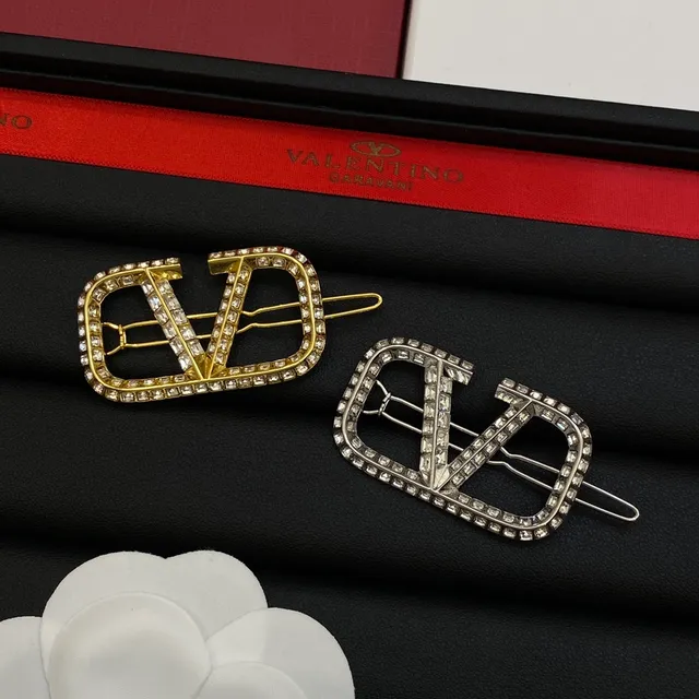 Valentino VLTN Silver Gold Crystal-Encrusted Logo Brooch