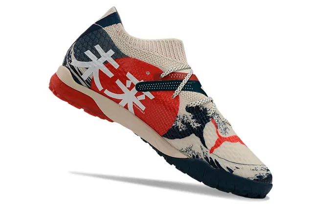 Puma Beige Navy Knit Upper Wave-and-Mountain Graphic Print Sneakers