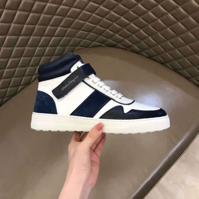 Salvatore Ferragamo White and Navy High-Top Strap Sneakers