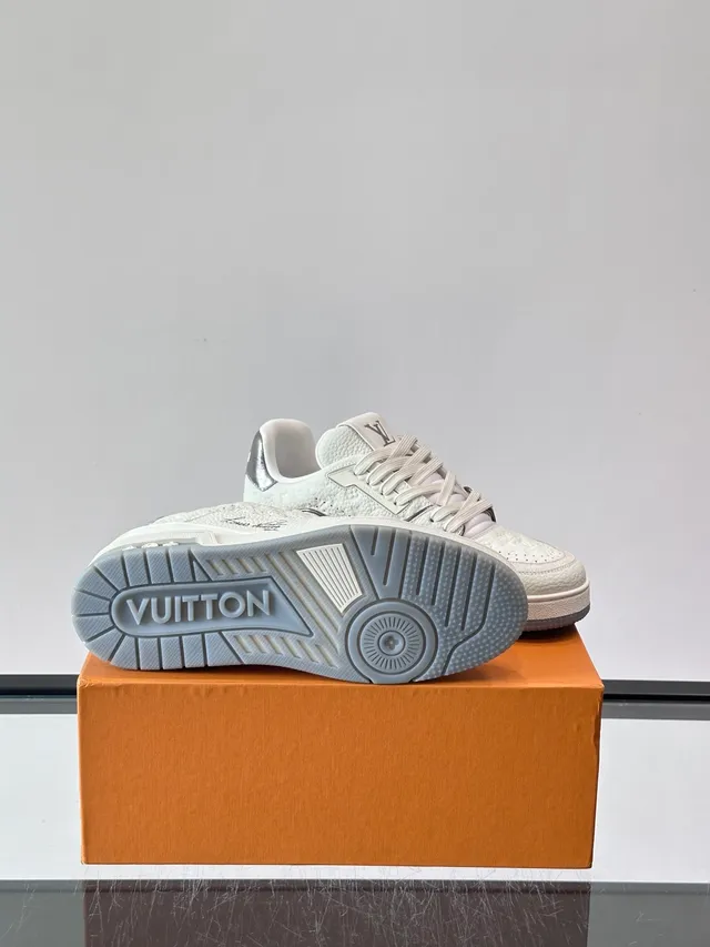 Louis Vuitton LV Trainer White Silver Textured Pebbled Leather Metallic Heel Tab Lifestyle Sneakers