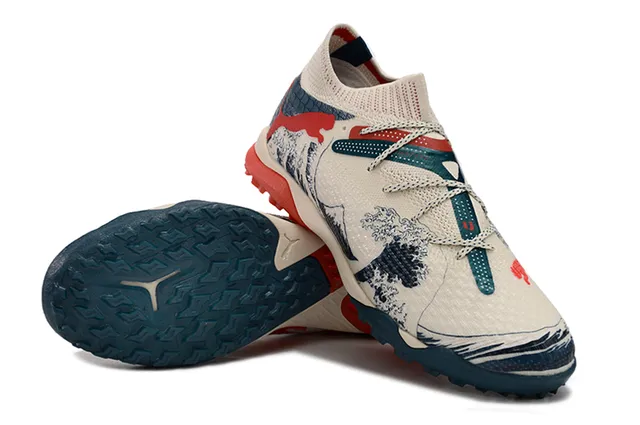 Puma Beige Navy Knit Upper Wave-and-Mountain Graphic Print Sneakers