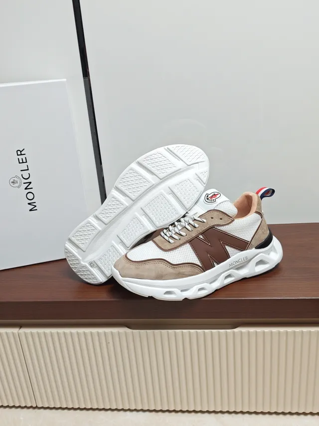 Moncler White Beige Layered Mesh And Suede Upper Oversized Brown 'M' Side Panel Chunky Sneakers