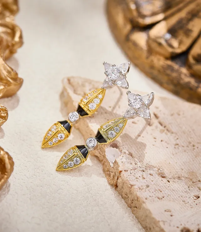 Gold-Tone Star and Black Enamel Pavé Drop Earrings