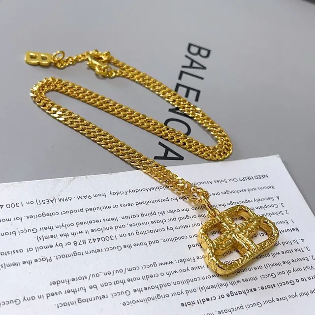 Balenciaga BB Interlocking Pendant Gold Chain Necklace