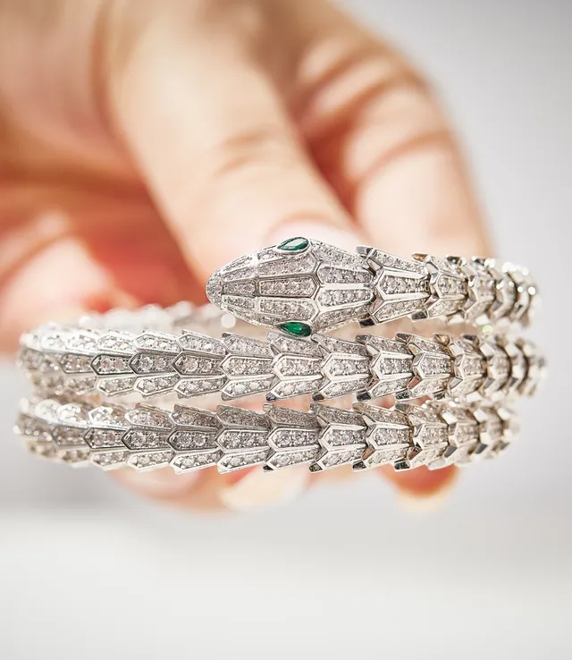 Bvlgari Serpenti Triple-Coil Pavé Diamond and Emerald Bracelet