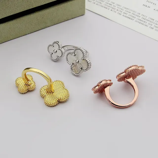 Van Cleef & Arpels Alhambra Gold Silver Four-Leaf Clover Motif Beaded Edge Ring