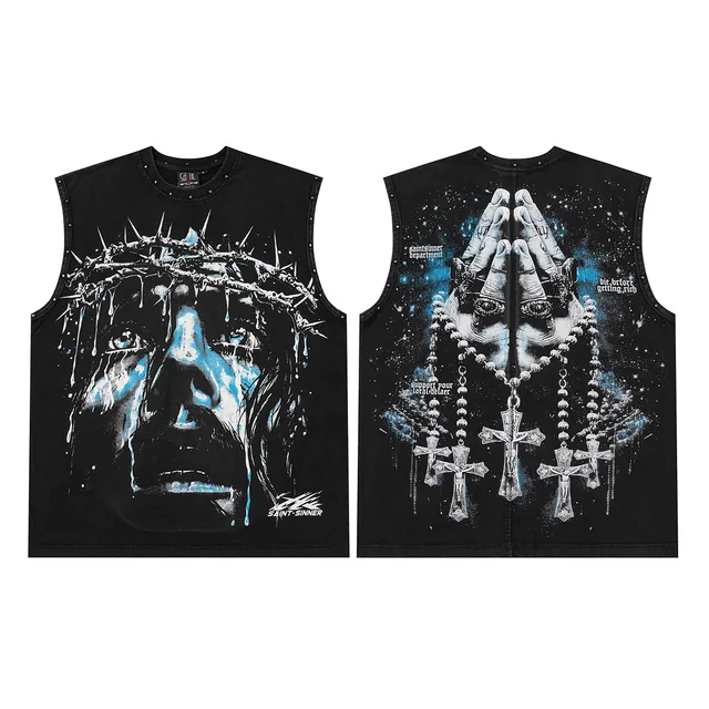 SAINT-SINNER Burgundy Black Graphic-Print Studded Shoulders Vest Top