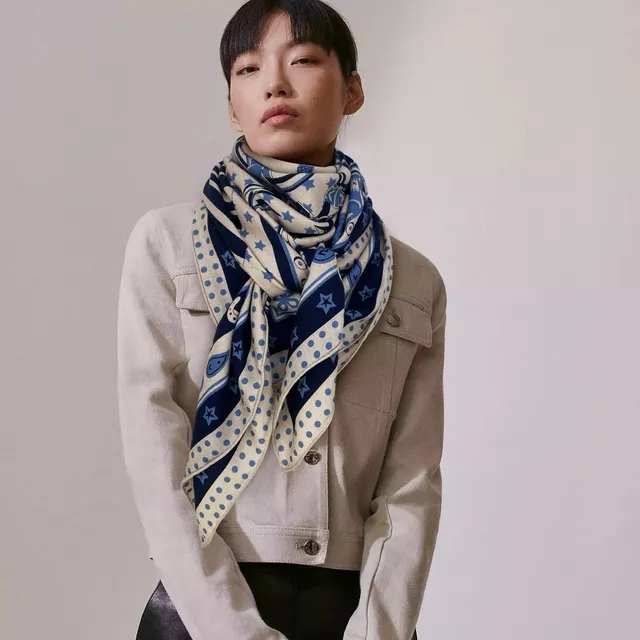 Equestrian-Print Beige and Navy Shawl