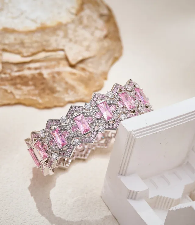 Geometric Pavé-Set Pink and Clear Stone Silver-Tone Bangle Bracelet