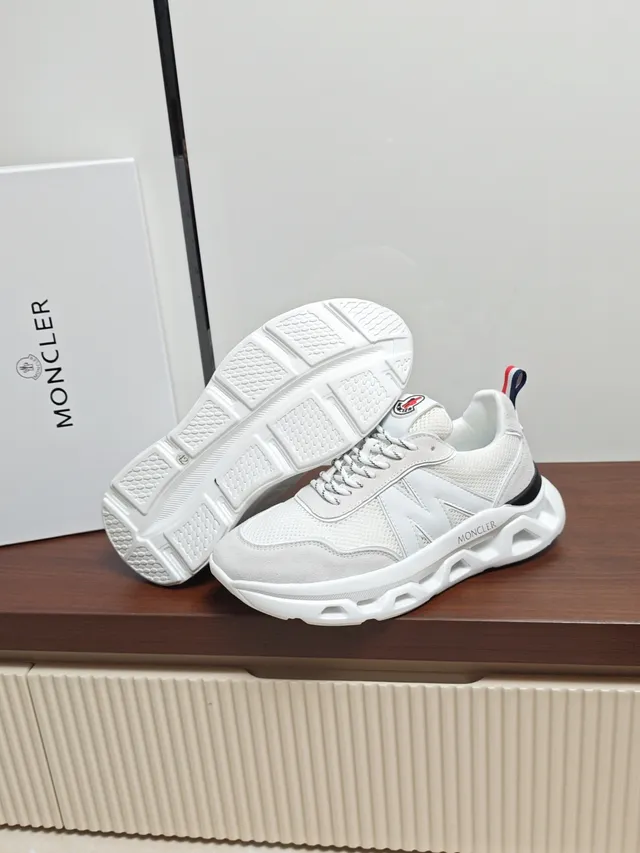 Moncler White Beige Sole Mixed Mesh And Suede Upper Chunky Sneakers