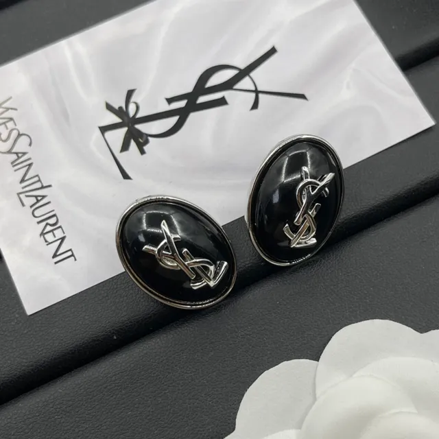 Saint Laurent YSL Monogram Oval Black Enamel Earrings