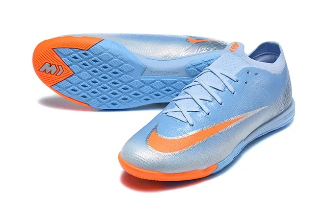 Nike MercurialX Blue Orange Low-Cut Knit Upper Metallic Silver Overlay Indoor Soccer Shoes