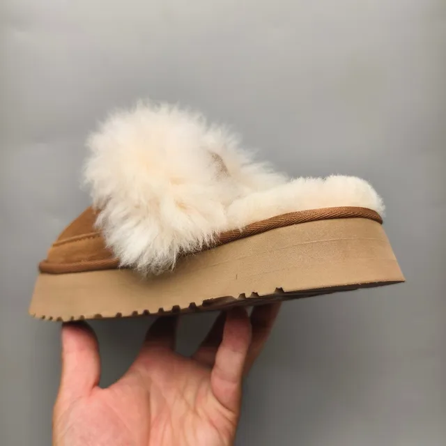 UGG Tasman Tan Suede Shearling-Trimmed Platform Slippers