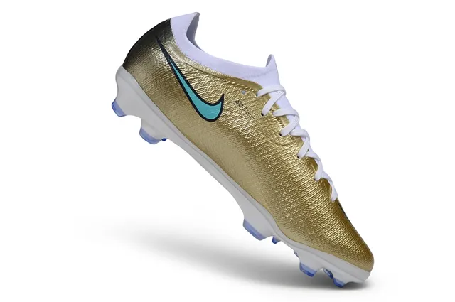 Nike Gold Blue Metallic Knit Upper Turquoise Swoosh Accent Firm-Ground Soccer Shoes