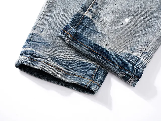 Purple Brand Distressed Paint-Splatter Light-Wash Slim-Fit Jeans