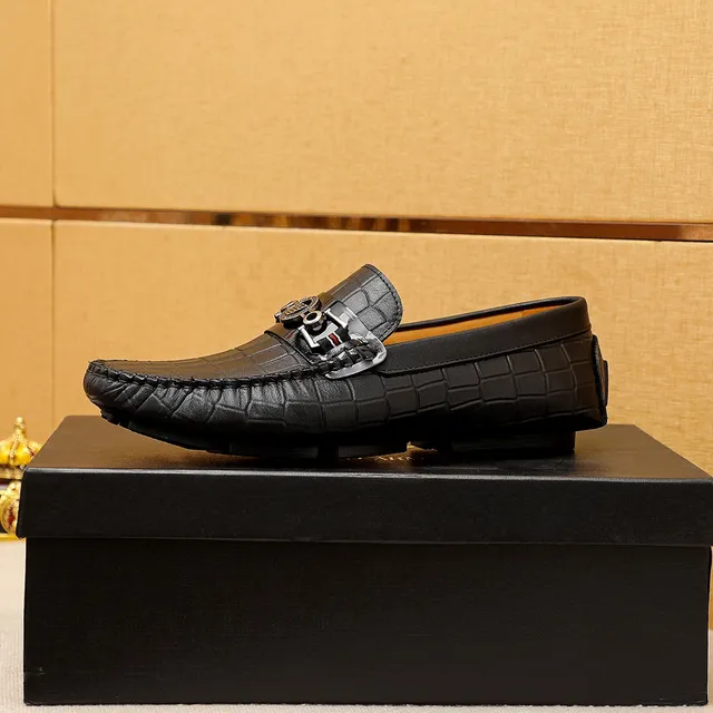 Giorgio Armani Black Beige Crocodile-Embossed Leather Metal Eagle-Buckle Hardware Loafer