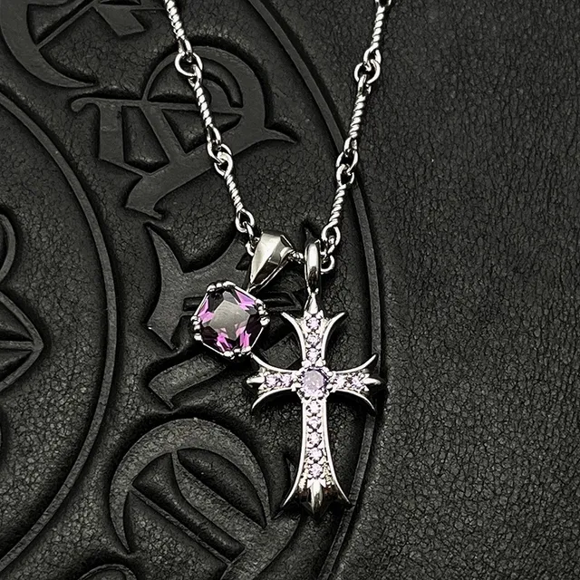 Chrome Hearts Cross Pendant Necklace Silver Purple Gothic Pavé Crystal Embellishment Necklace