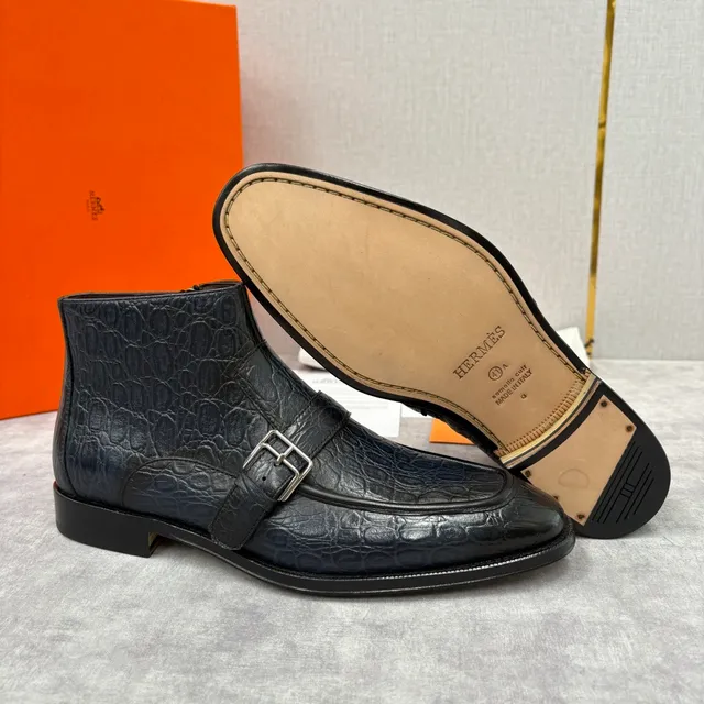 Hermès Crocodile-Embossed Monk Strap Ankle Boots
