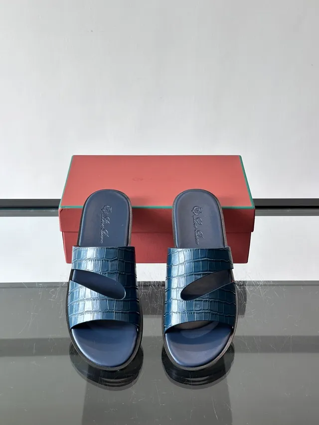 Loro Piana Croc-Embossed Two-Strap Slide Casual Sandals