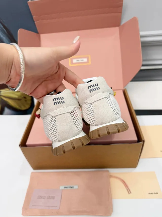 Miu Miu Wander Beige White Perforated Mesh Upper Suede Overlays Lifestyle Sneakers