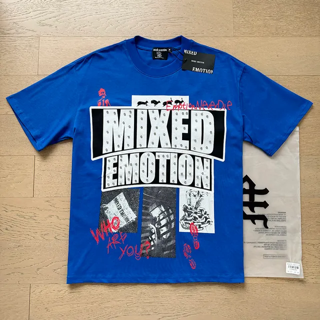 Mixed Emotion Blue Red Graphic-Print Marquee Typography T-Shirt
