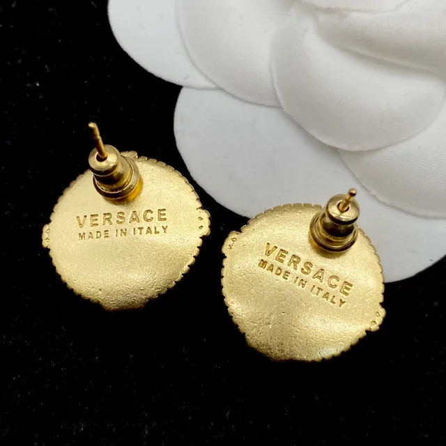 Versace Medusa Stud Gold Transparent Ribbed Bezel Faceted Crystal Center Earrings