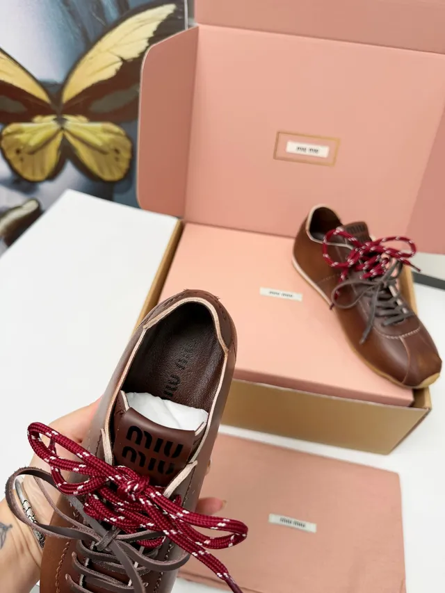 Miu Miu Brown Red Leather Upper Dual-Tone Laces Sneakers