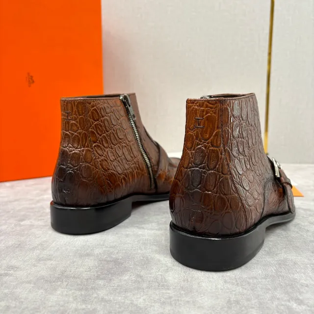 Hermès Brown Crocodile-Embossed Monk Strap Ankle Boots