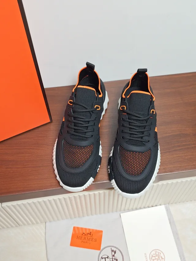 Hermès Black and Orange H Logo Knit Sneaker